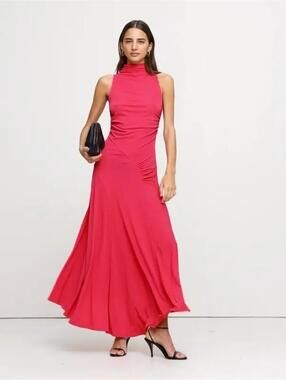 Banana Republic Jersey Knit Mock-Neck Maxi Dress Coral Gem Pink XS party evening